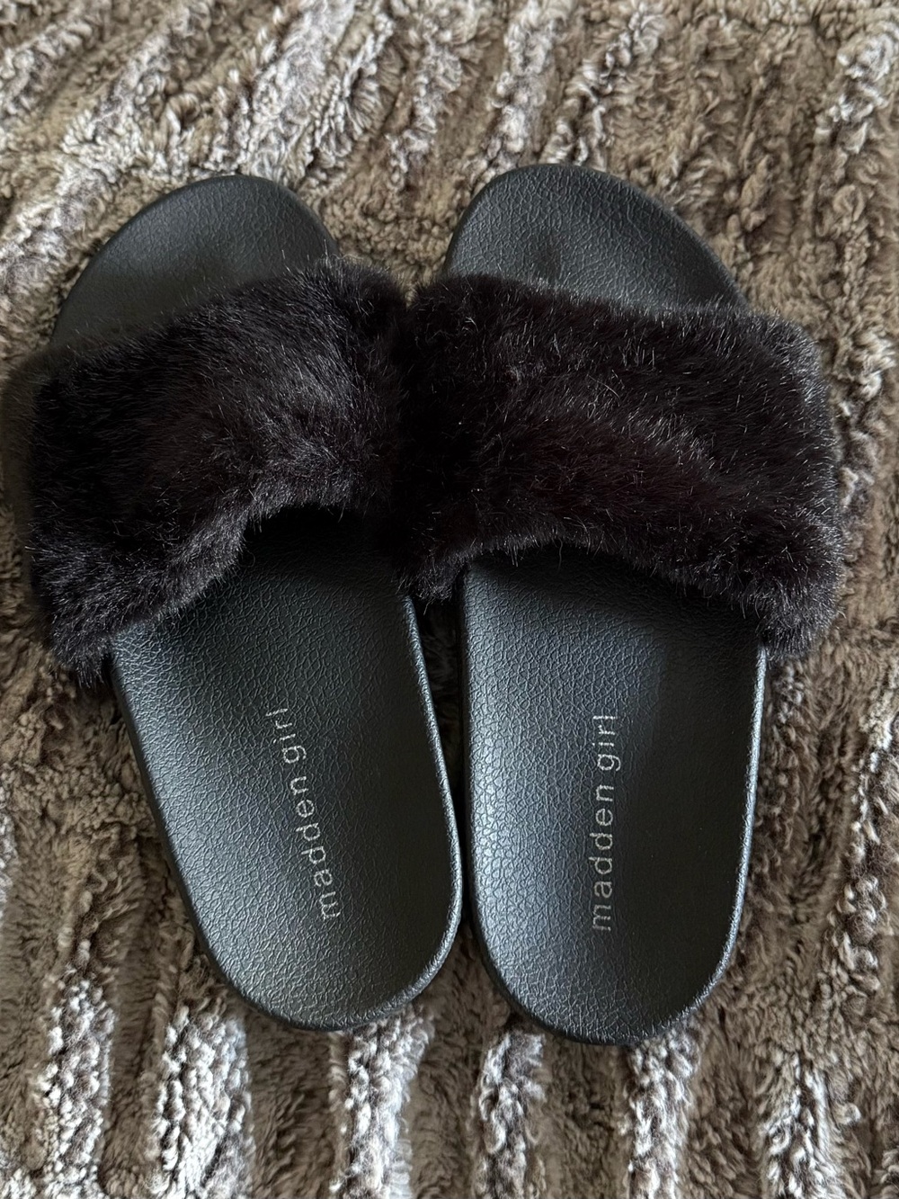 Madden Girl Black Faux Fur Slide Sandals